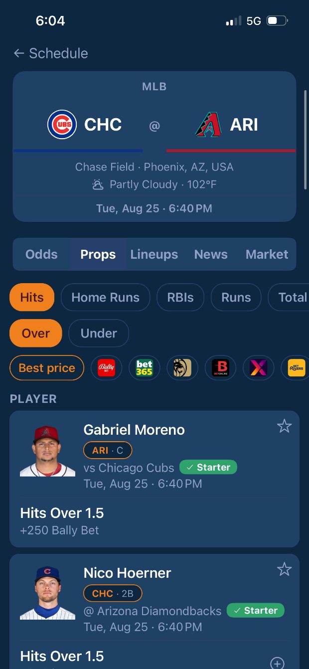 Props board filtered by market, over/under and best price across eight sportsbooks
